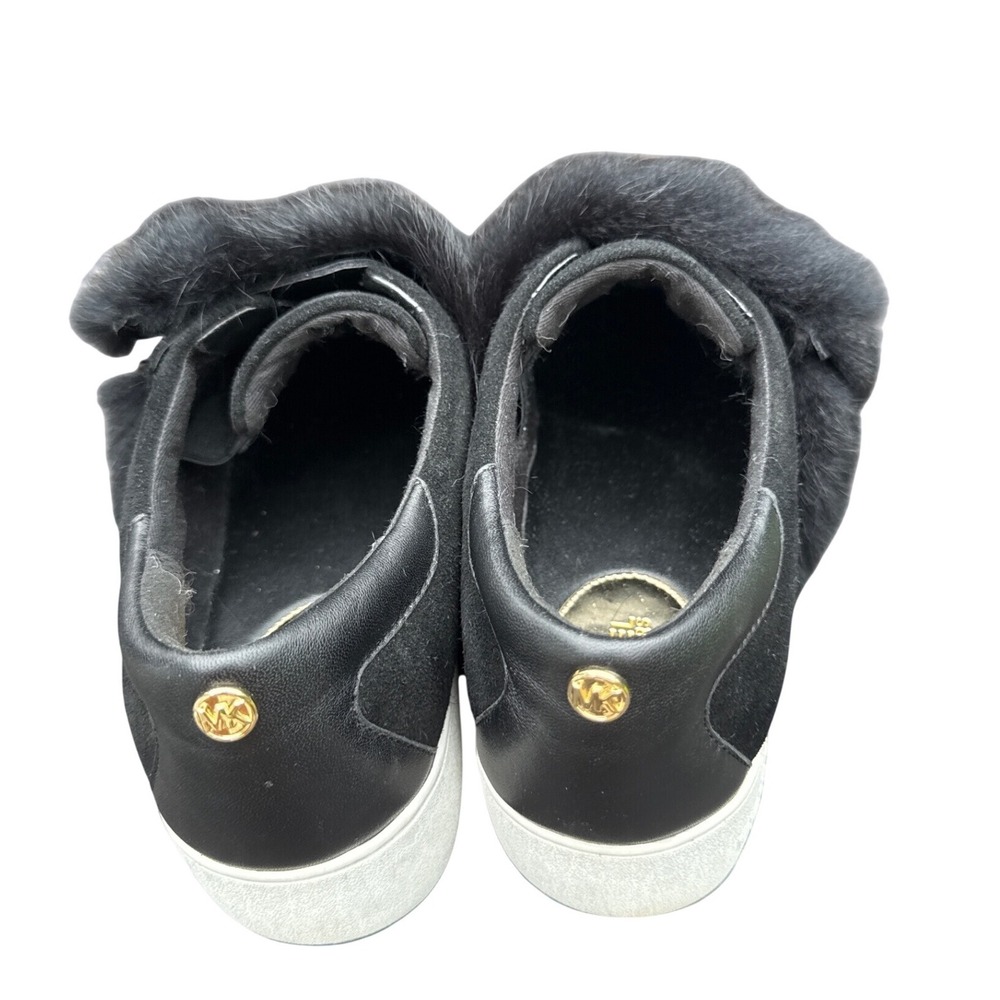 Michael Kors Black Suede Rabbit Fur Trim Slip On Sneakers Gold Logo Women 10M 41 - Picture 2 of 7